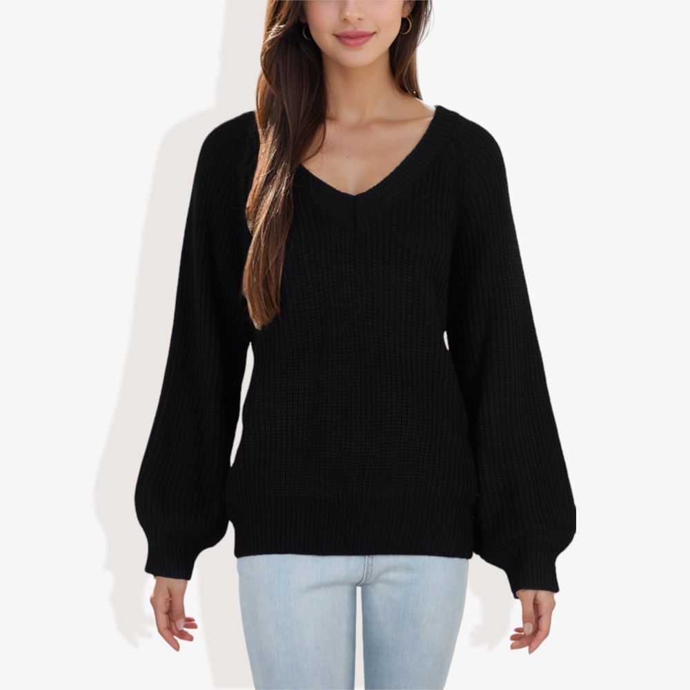 V-Neck Long Sleeve Sweater with Ribbed Cuffs