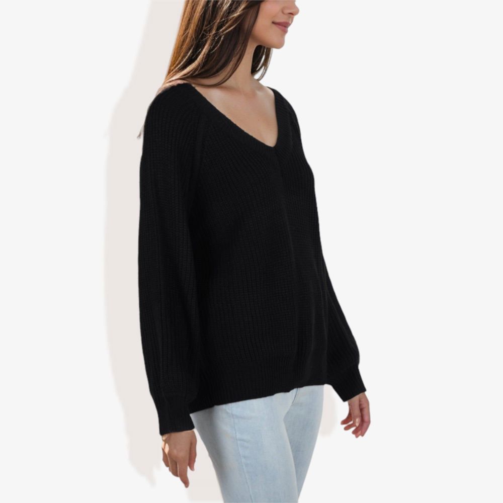 V-Neck Long Sleeve Sweater with Ribbed Cuffs