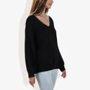 Black Large V-Neck Long Sleeve Sweater with Ribbed Cuffs