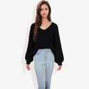 Black Large V-Neck Long Sleeve Sweater with Ribbed Cuffs