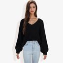 Black Large V-Neck Long Sleeve Sweater with Ribbed Cuffs