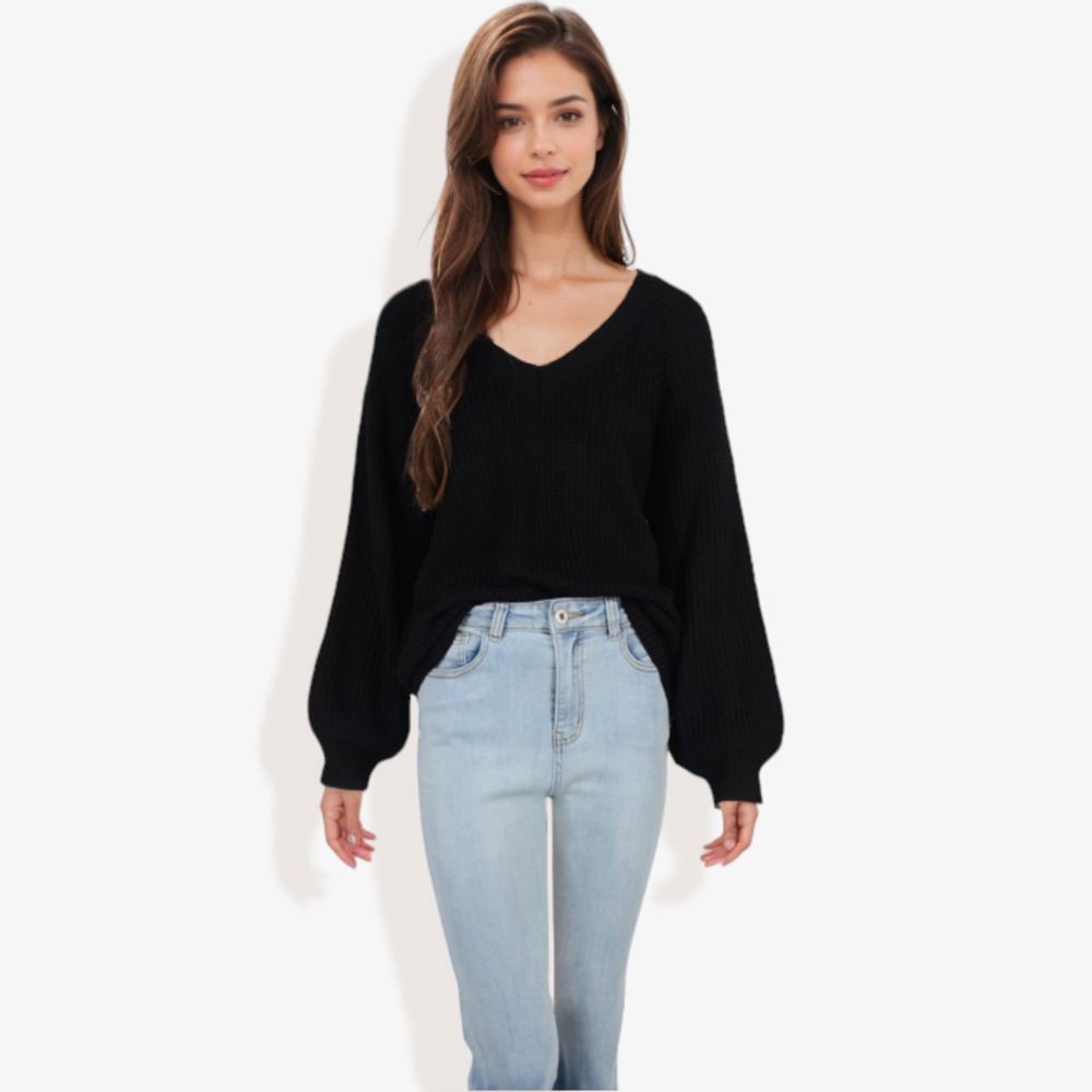 V-Neck Long Sleeve Sweater with Ribbed Cuffs