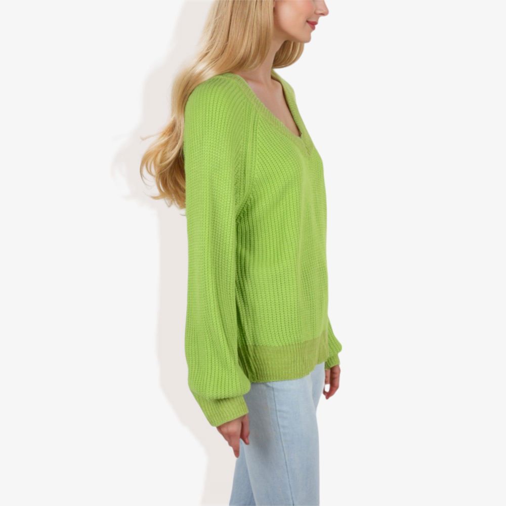 V-Neck Long Sleeve Sweater with Ribbed Cuffs