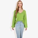 Green Large V-Neck Long Sleeve Sweater with Ribbed Cuffs