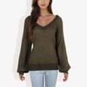 Green Large V-Neck Long Sleeve Sweater with Ribbed Cuffs