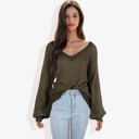 Green Large V-Neck Long Sleeve Sweater with Ribbed Cuffs