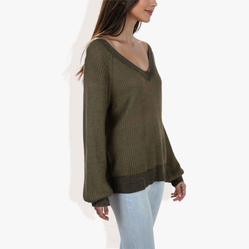 V-Neck Long Sleeve Sweater with Ribbed Cuffs