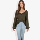 Green Large V-Neck Long Sleeve Sweater with Ribbed Cuffs