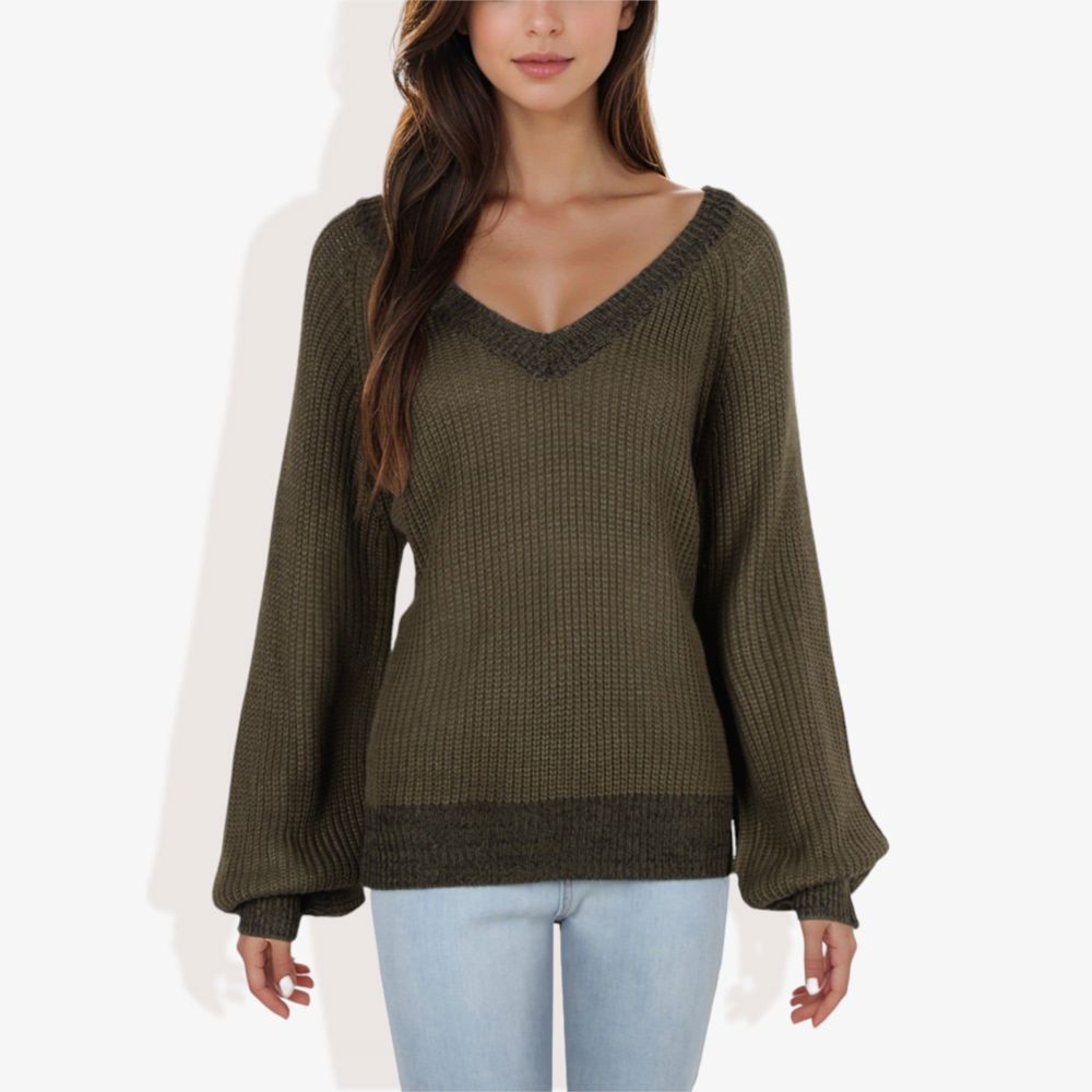 V-Neck Long Sleeve Sweater with Ribbed Cuffs