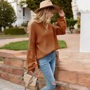 Brown Large Long Sleeve Ribbed Knit Sweater with Drop Shoulder Design