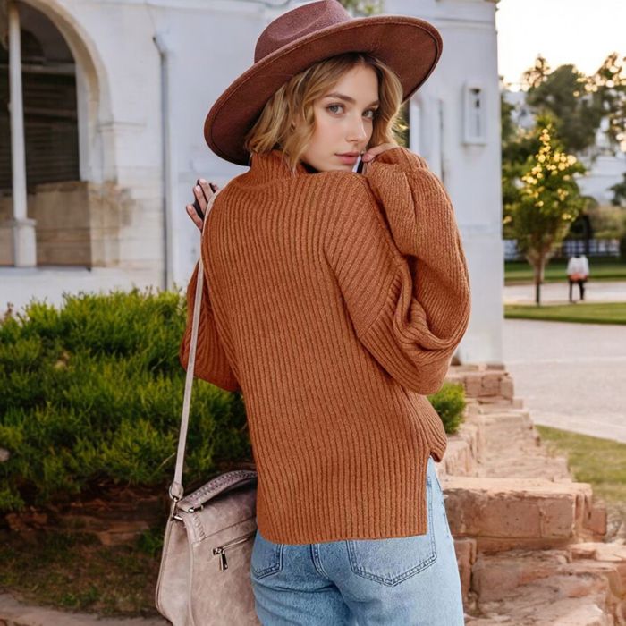 Long Sleeve Ribbed Knit Sweater with Drop Shoulder Design