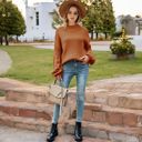 Brown Large Long Sleeve Ribbed Knit Sweater with Drop Shoulder Design