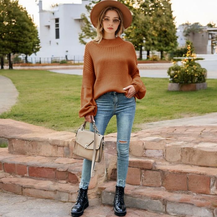 Long Sleeve Ribbed Knit Sweater with Drop Shoulder Design