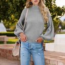 Gray Large Long Sleeve Ribbed Knit Sweater with Drop Shoulder Design