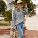 Gray Large Long Sleeve Ribbed Knit Sweater with Drop Shoulder Design