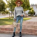 Gray Large Long Sleeve Ribbed Knit Sweater with Drop Shoulder Design