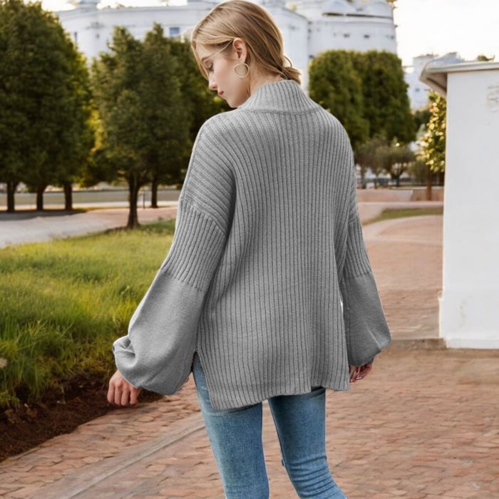 Long Sleeve Ribbed Knit Sweater with Drop Shoulder Design