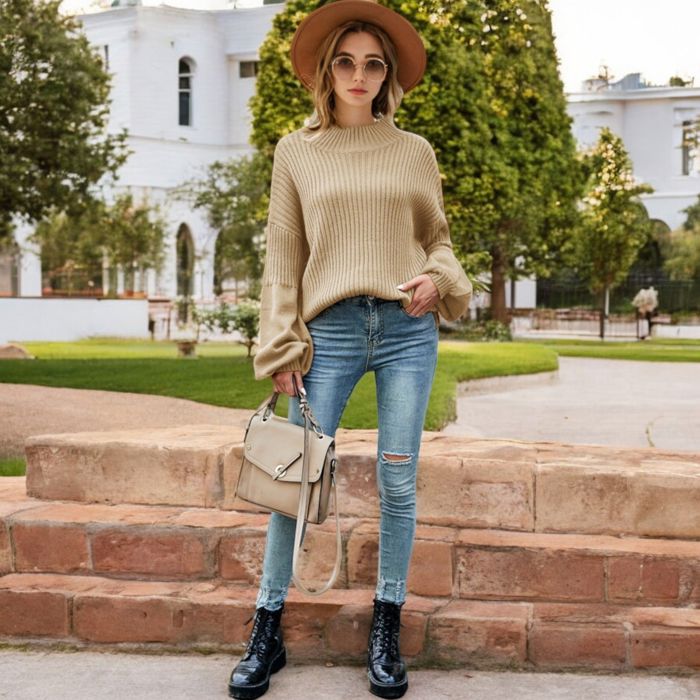 Long Sleeve Ribbed Knit Sweater with Drop Shoulder Design