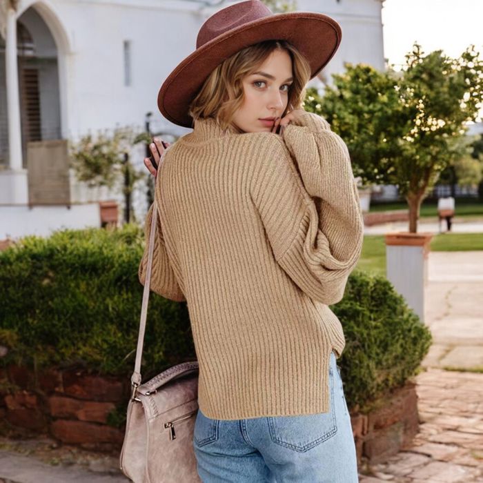 Long Sleeve Ribbed Knit Sweater with Drop Shoulder Design