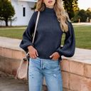 Blue Large Long Sleeve Ribbed Knit Sweater with Drop Shoulder Design