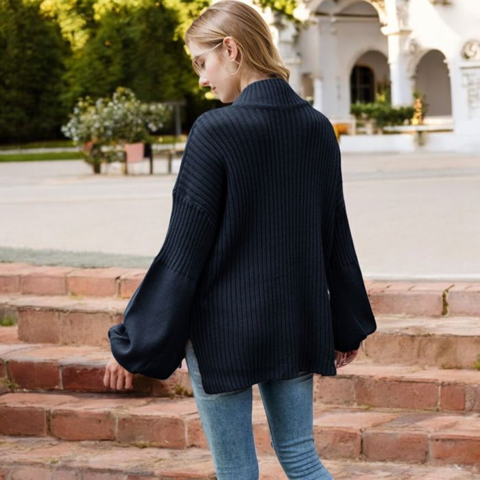 Long Sleeve Ribbed Knit Sweater with Drop Shoulder Design