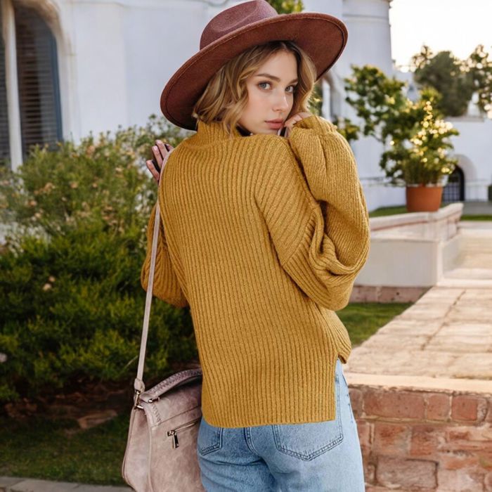 Long Sleeve Ribbed Knit Sweater with Drop Shoulder Design