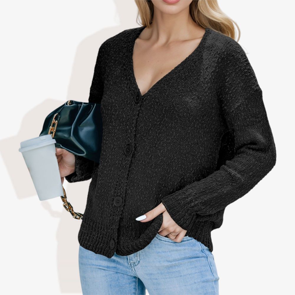 Button-Up Cardigan V-Neck Long Sleeve with Ribbed Hem