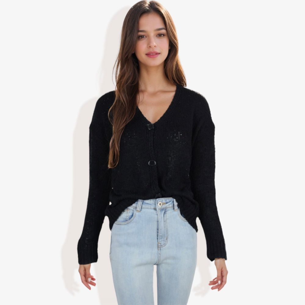 Button-Up Cardigan V-Neck Long Sleeve with Ribbed Hem