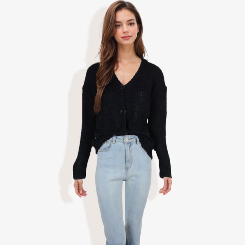 Button-Up Cardigan V-Neck Long Sleeve with Ribbed Hem