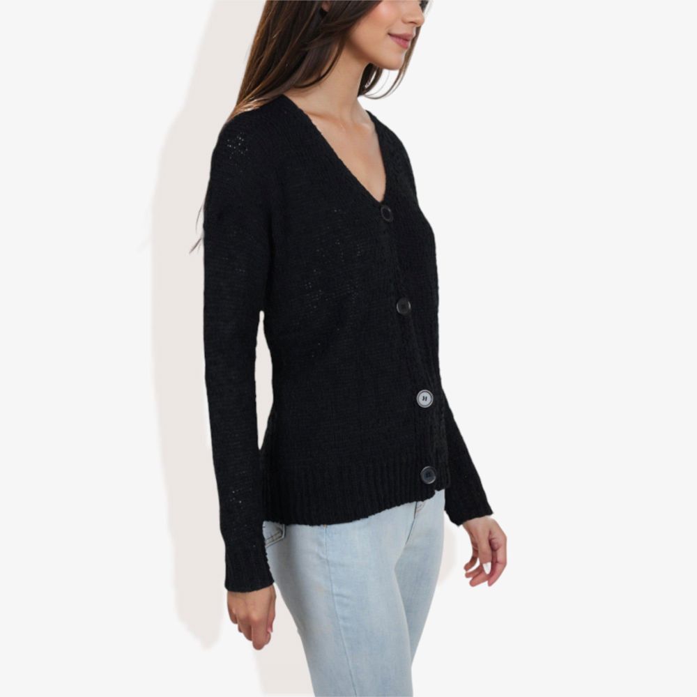 Button-Up Cardigan V-Neck Long Sleeve with Ribbed Hem