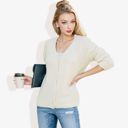 White Large Button-Up Cardigan V-Neck Long Sleeve with Ribbed Hem