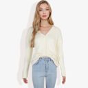 White Large Button-Up Cardigan V-Neck Long Sleeve with Ribbed Hem