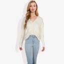 White Medium Button-Up Cardigan V-Neck Long Sleeve with Ribbed Hem