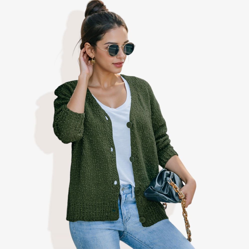 Button-Up Cardigan V-Neck Long Sleeve with Ribbed Hem