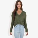 Green Large Button-Up Cardigan V-Neck Long Sleeve with Ribbed Hem