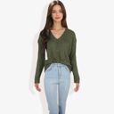 Green Medium Button-Up Cardigan V-Neck Long Sleeve with Ribbed Hem