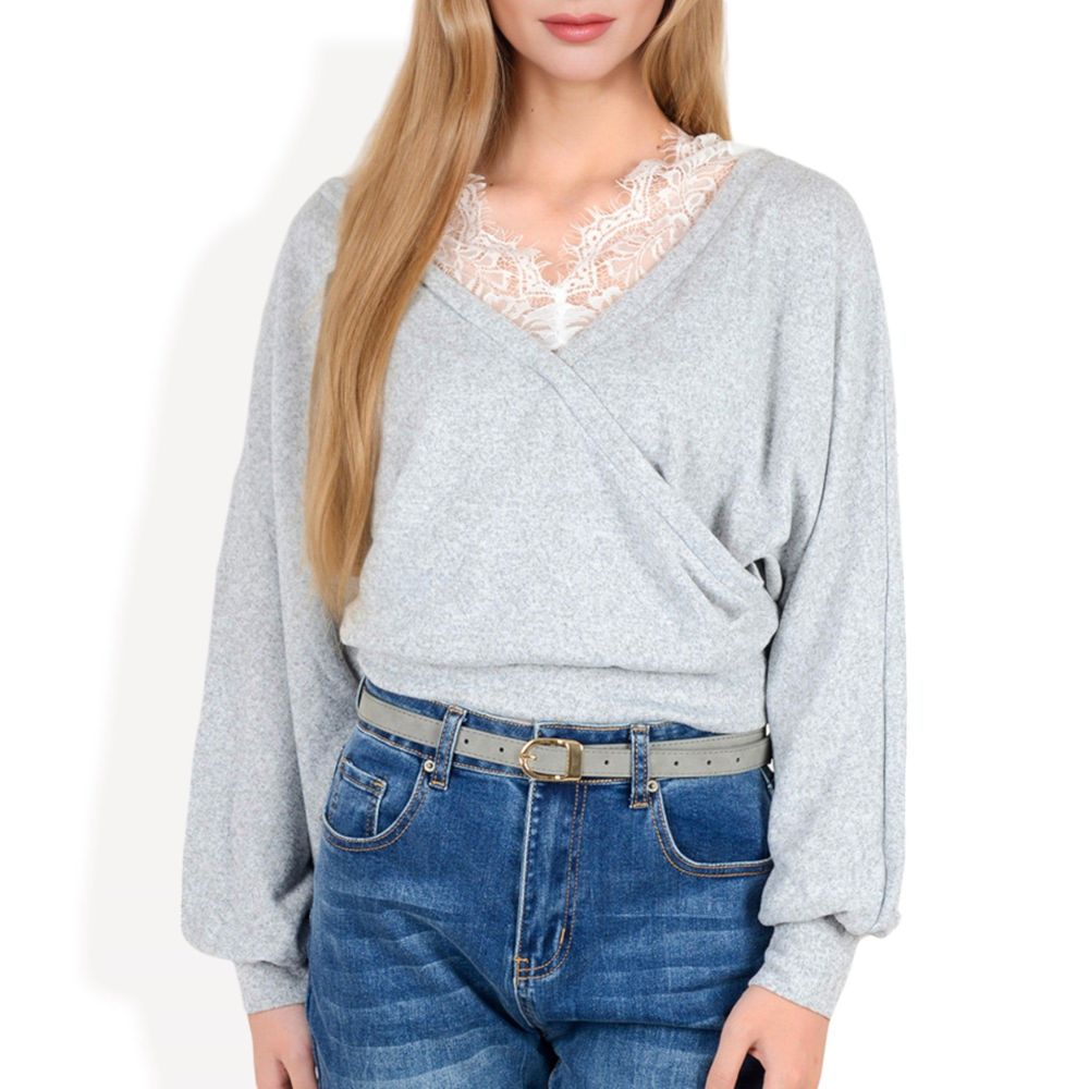 Long Sleeve Cross Wrap Top with Lace Trim Detail