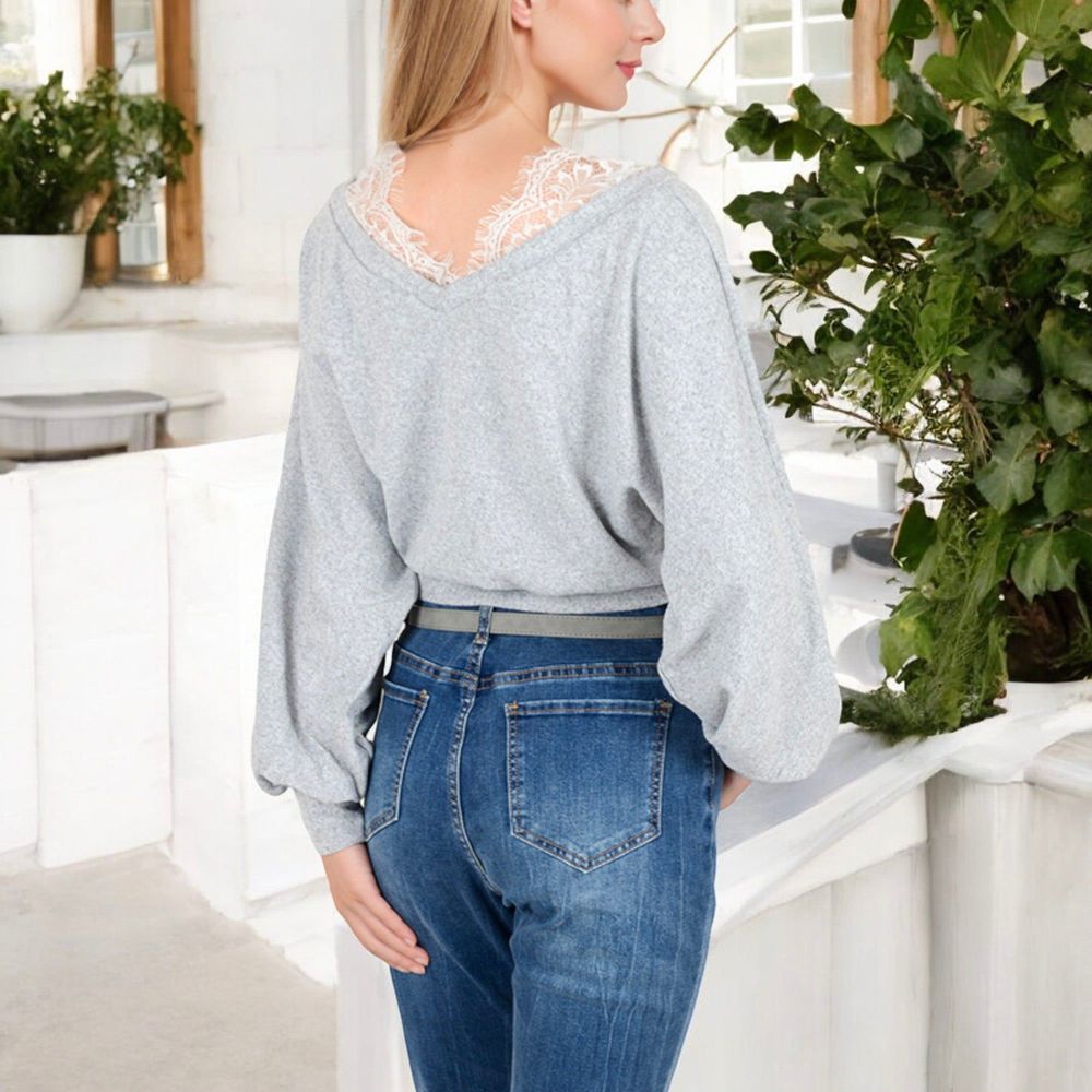 Long Sleeve Cross Wrap Top with Lace Trim Detail