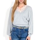 Gray Large Long Sleeve Cross Wrap Top with Lace Trim Detail