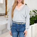 Gray Medium Long Sleeve Cross Wrap Top with Lace Trim Detail