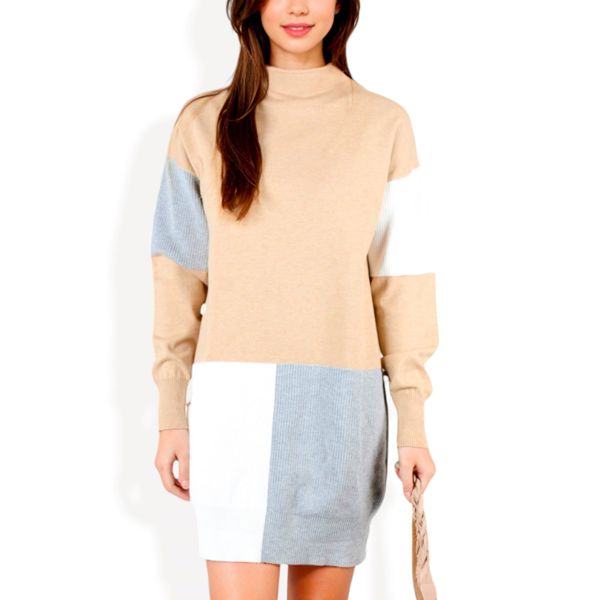 Long Sleeve Color Block Turtleneck Sweater Dress with Ribbed Detailing