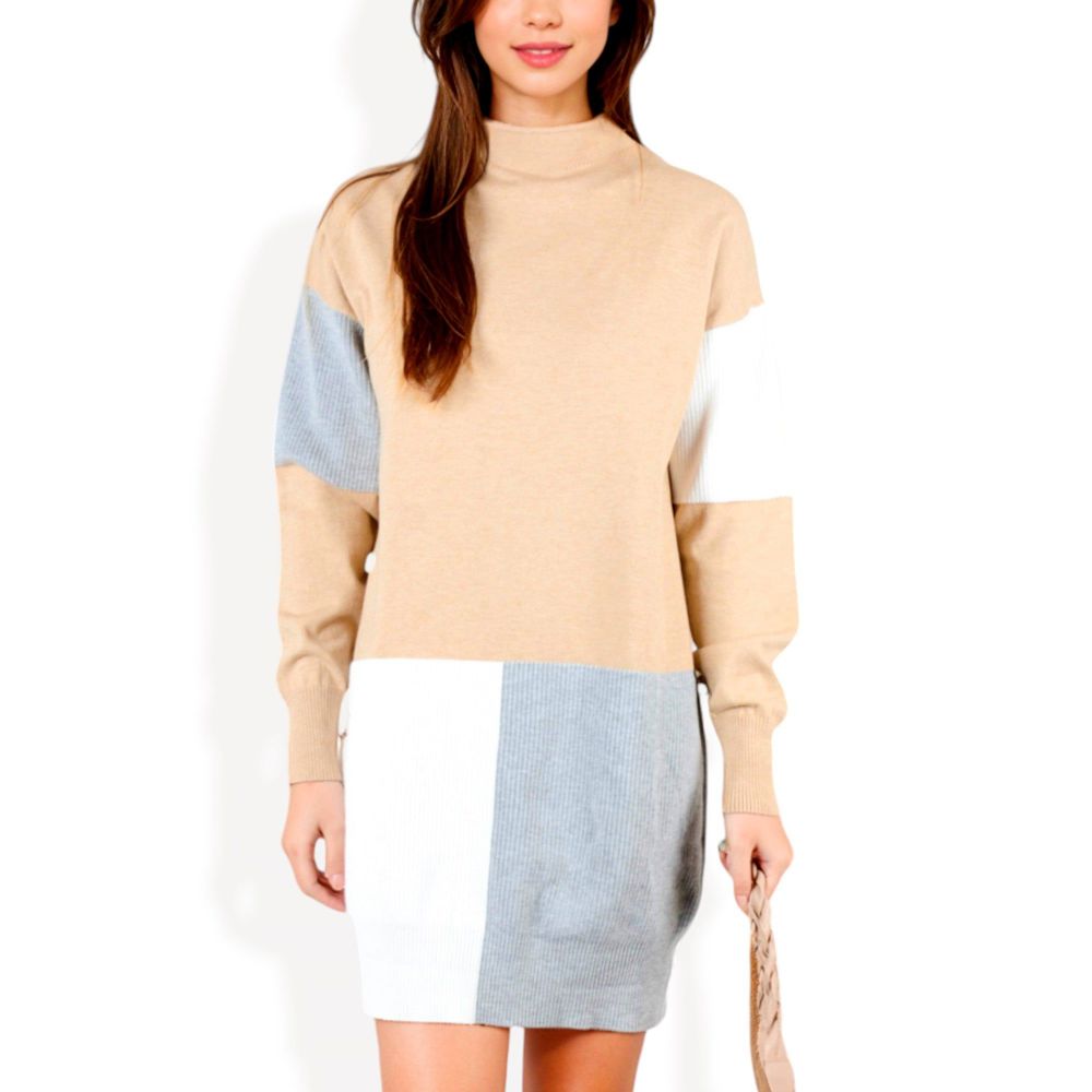 Long Sleeve Color Block Turtleneck Sweater Dress with Ribbed Detailing