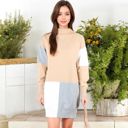 Beige Large Long Sleeve Color Block Turtleneck Sweater Dress with Ribbed Detailing