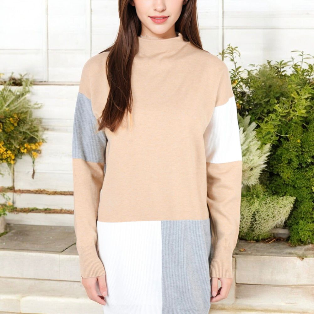 Long Sleeve Color Block Turtleneck Sweater Dress with Ribbed Detailing