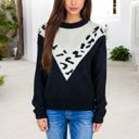  Crew Neck Sweater with Contrast Leopard Print Chevron Design