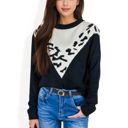 Black Large Crew Neck Sweater with Contrast Leopard Print Chevron Design