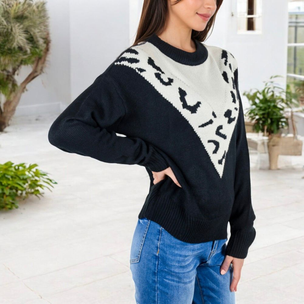 Crew Neck Sweater with Contrast Leopard Print Chevron Design