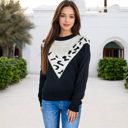 Black Medium Crew Neck Sweater with Contrast Leopard Print Chevron Design