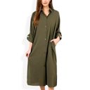  Long Sleeve Button-Down Midi Shirt Dress with Pockets