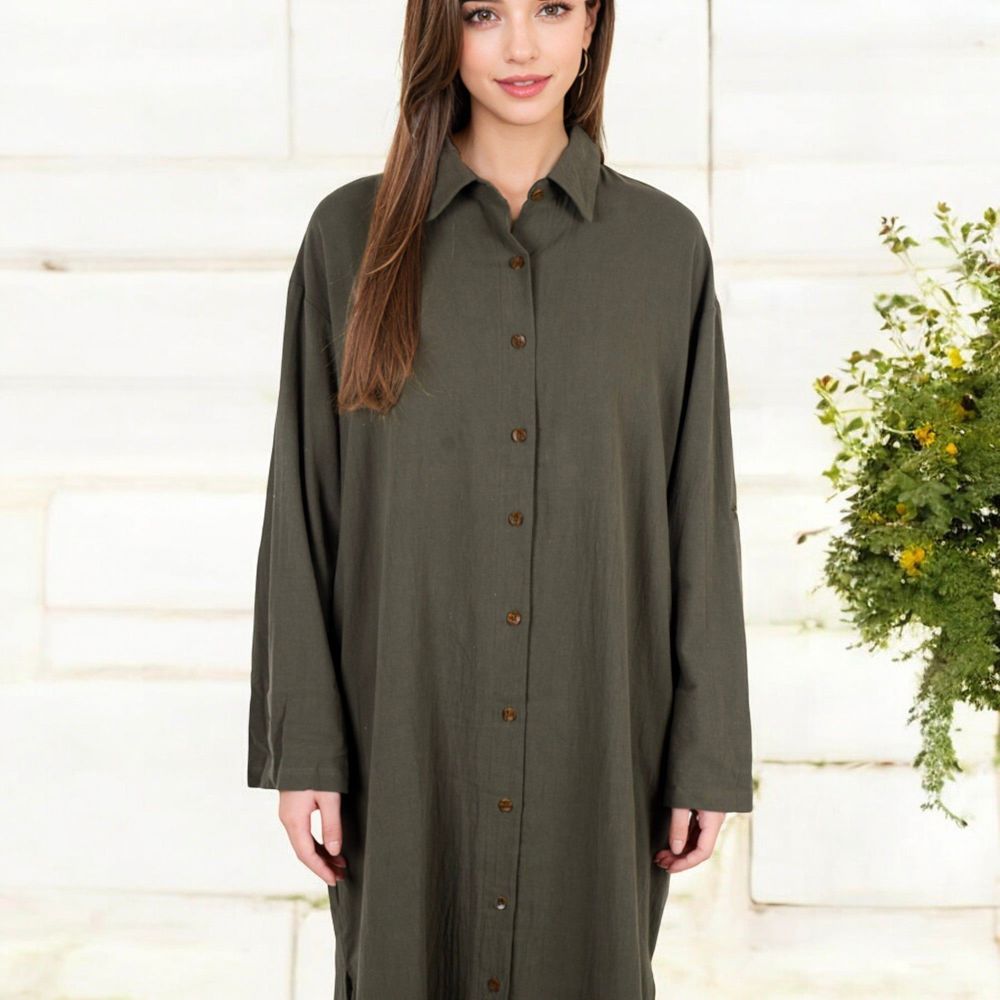 Long Sleeve Button-Down Midi Shirt Dress with Pockets